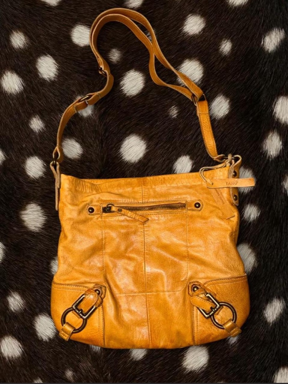 Y2K Tano Camel Moto Chic Cowhide Vegatable Tanned leather shoulder Bag w Buckles